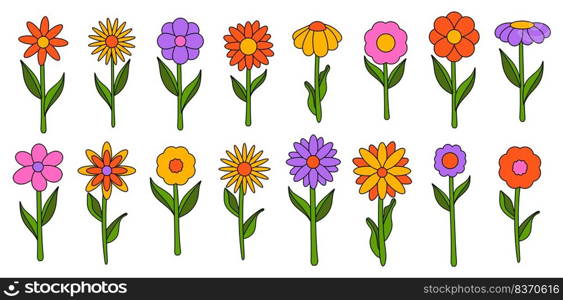 Collection of simple blooming flowers in 1970s psychedelic hippie style. Set of graphic stickers in retro design. groovy background. editable stroke isolated vector illustration.. Collection of simple blooming flowers in 1970s psychedelic hippie style. Set of graphic stickers in retro design. groovy background. editable stroke isolated vector illustration