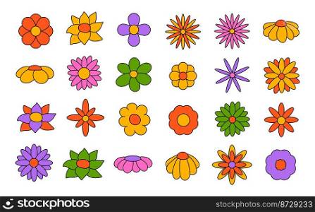 Collection of simple blooming flowers in 1970s psychedelic hippie style. Set of graphic stickers in retro design. groovy background. editable stroke isolated vector illustration.. Collection of simple blooming flowers in 1970s psychedelic hippie style. Set of graphic stickers in retro design. groovy background. editable stroke isolated vector illustration