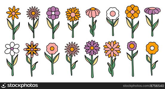 Collection of simple blooming flowers in 1970s psychedelic hippie style. Set of graphic stickers in retro design. groovy background. editable stroke isolated vector illustration.. Collection of simple blooming flowers in 1970s psychedelic hippie style. Set of graphic stickers in retro design. groovy background. editable stroke isolated vector illustration