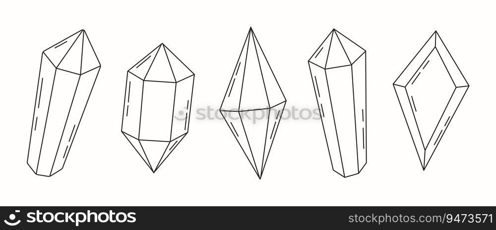 Collection of simple outline magic crystals, gems and minerals. Geometric abstract precious gemstones.