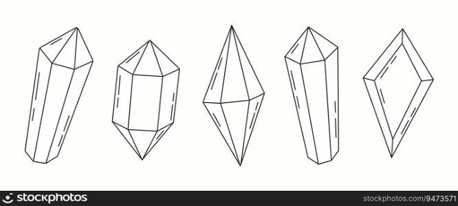 Collection of simple outline magic crystals, gems and minerals. Geometric abstract precious gemstones.