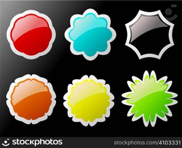 Collection of six buttons in different colors with a white border