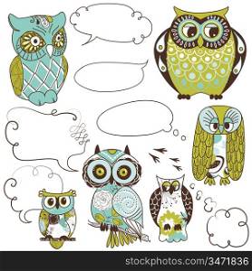 Collection of six different owls with speach bubbles