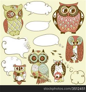 Collection of six different owls with speech bubbles