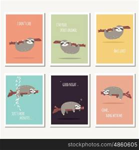 Collection of six greeting cards with cute sloth and text message, vector illustration