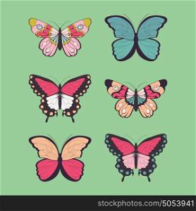Collection of six hand drawn colorful butterflies, vector illustration