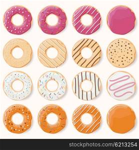 Collection of sixteen glazed colorful donuts with different flavors, vector illustration