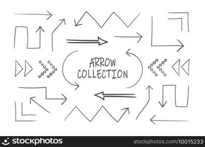 Collection of sketchy arrows. Set of black grunge hand drawn arrows isolated on white. Vector illustration