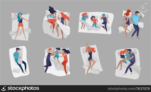 Collection of sleeping people character. Family with child are sleep in bed together and alone in various poses, different postures during night slumber. Top view. Colorful vector illustration. Collection of sleeping people character. Family with child are sleep in bed together and alone in various poses, different postures during
