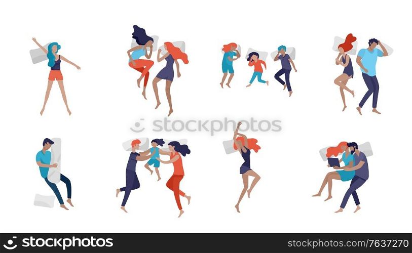 Collection of sleeping people character. Family with child are sleep in bed together and alone in various poses, different postures during night slumber. Top view. Colorful vector illustration. Collection of sleeping people character. Family with child are sleep in bed together and alone in various poses, different postures during