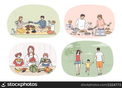 Collection of smiling loving parents and little kids have fun relax enjoy weekend together. Set of happy young family with children rest spend leisure time cooking. Parenthood. Vector illustration.. Bundle of happy loving family with kids relaxing