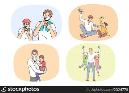 Collection of smiling young dad have fun spend time with small children. Set of happy loving dad relax play with little kid child. Fatherhood concept. Upbringing and childcare. Vector illustration.. Set of loving father play spend time with kid