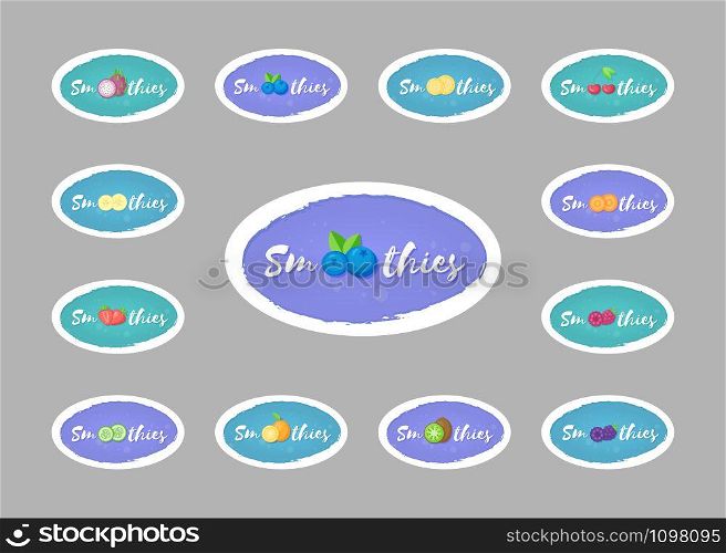 Collection of smoothie drink sticker vector illustration. Hand drawn sign Smoothies on color background with fruit on isolated smoothie cocktail sticker for decoration shop sticker or promo discount. Collection of fruit smoothie drink sticker design