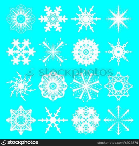 collection of snowflake in white on a blue background with sixteen variations