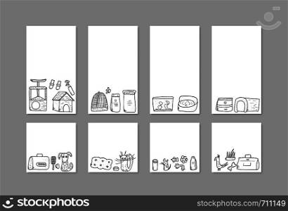 collection of social media templates of pet shops elements. Set of vector domestics animal care symbols in doodle style.