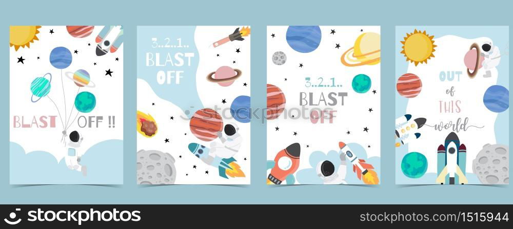 Collection of space background set with astronaut, sun, moon, star,rocket.Editable vector illustration for website, invitation,postcard and sticker.Include wording out of this world,blast off