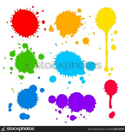 Collection of splats splashes and blobs of brightly colored paint in a rainbow palette in different shapes with two having running drips isolated on white