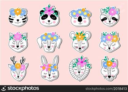 Collection of stickers of hand drawn animals on pink background.