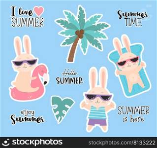 Collection of stickers Summer time. Cute funny bunnies in sunglasses floats on waterproof rubber flamingo ring and mattress, Tropical palm and lettering with Summer phrases. Vector illustration