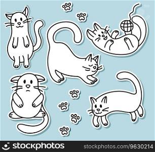 Collection of stickers with a drawn contour cute cat on an isolated blue background