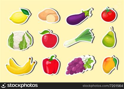 Collection of stickers with fruits and vegetables in flat style on light background