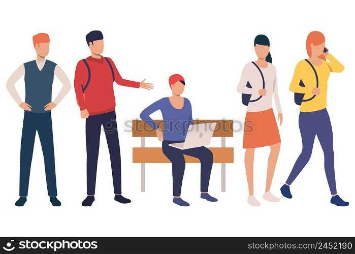 Collection of student girls and boys at school break. Group of high school students with bags and devices. Vector illustration can be used for advertisement, student life, promo. Collection of student girls and boys at school break