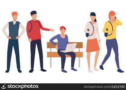 Collection of student girls and boys at school break. Group of high school students with bags and devices. Vector illustration can be used for advertisement, student life, promo. Collection of student girls and boys at school break