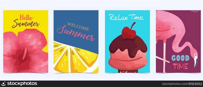 Collection of summer background set with fruit,flamingo,lemon.Editable vector illustration for invitation,postcard and website banner