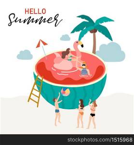 Collection of summer background set with people,watermelon,beach,coconut tree.Editable vector illustration for New year invitation,postcard and website banner