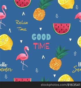 Collection of summer seamless pattern with fruit,flamingo,lemon.Editable vector illustration for invitation,postcard and website banner