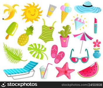 Collection of summer stuff including beach accessories, fruits, ice cream, starfish, diamond, sun, cactus isolated vector illustration. Collection Of Summer Stuff