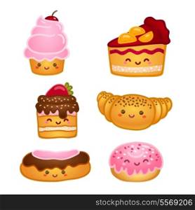 Collection of sweet pastries croissant cake and pie isolated vector illustration
