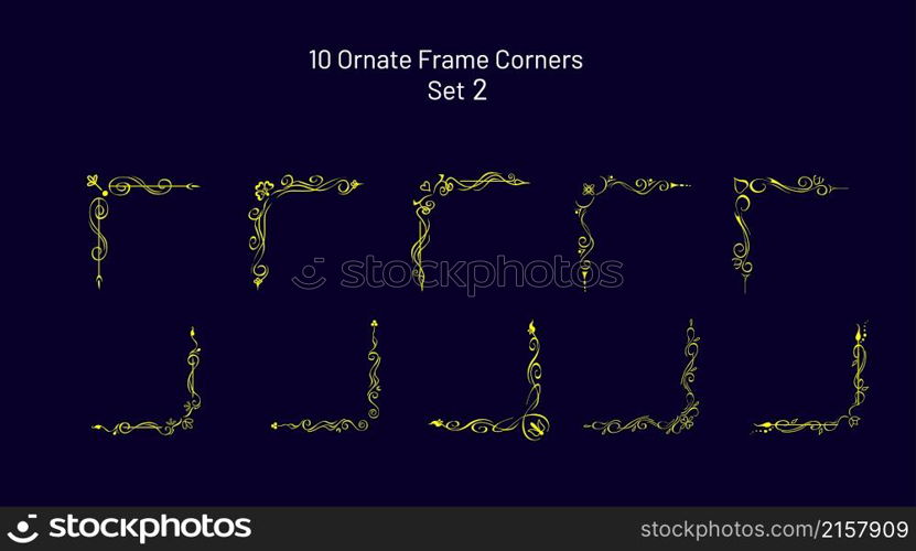 Collection of symmetrical decorative corners, vignettes. Set of elegant calligraphic lines, vintage border templates. Easily editable floral ornate design elements for web, prints, page decor, frames