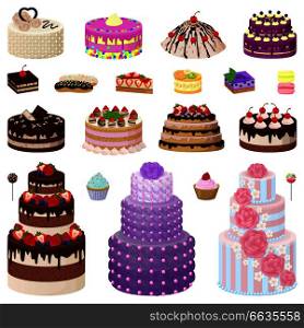 Collection of tasty cakes of different types and colors, decorated with strawberries, raspberries and cherries on vector illustration. Collection of Tasty Cakes on Vector Illustration