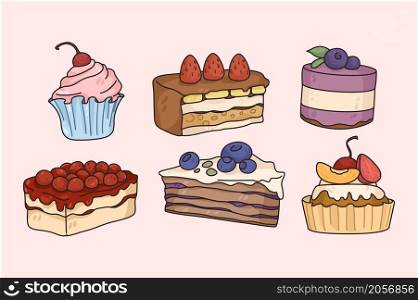 Collection of tasty sweet desserts with fruits and filling. Set of delicious cakes and pastries. Cupcakes and muffins menu for restaurant or bakery. Confectionary shop. Flat vector illustration. . Set of cakes and desserts menu for cafe