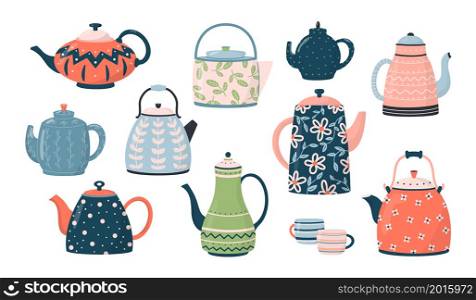 Collection of teapots and kettles isolated on white background. Ceramic drinkware or glassware for tea ceremony. Flat cartoon vector illustration.. Collection of teapots and kettles isolated on white background. Ceramic drinkware or glassware for tea ceremony. Flat cartoon vector illustration