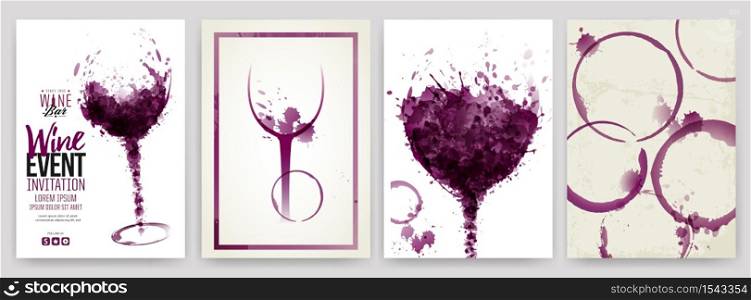 Collection of templates with wine designs. Brochures, posters, invitation cards, promotion banners, menus. Wine stains, drops. illustrations of wine glasses. vector