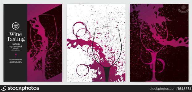 Collection of templates with wine designs. Brochures, posters, invitation cards, promotion banners, menus. Background effect wine drops. Vector illustration.