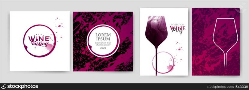 Collection of templates with wine designs.Wine glass illustration. Background texture and stains of red wine.Brochure, poster, invitation card, promotion banner, menu, list, cover. Wine stains backgrounds. Vector illustration.