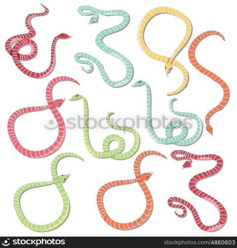 Collection of ten colorful striped snakes hand drawn, vector illustration