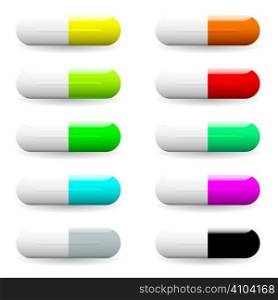 Collection of ten multi coloured medical pills with drop shadow