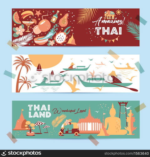 Collection of Thailand cards. Vector illustartion of icons.. Collection of Thailand symbols in banners. Vector poster. Postcard in trend color. Travel illustration. Web banner of travel in differente composition.