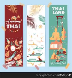 Collection of Thailand cards. Vector illustartion of icons.. Collection of Thailand symbols in banners. Vector poster. Postcard in trend color. Travel illustration. Web banner of travel in differente composition.