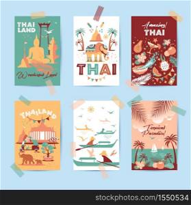 Collection of Thailand cards. Vector illustartion of icons.. Collection of Thailand symbols in six cards. Vector poster. Postcard in trend color. Travel illustration. Web banner of travel in differente composition.