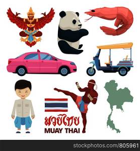 Collection of thailand landmarks and different traditional symbols. Thailand culture, landmark traditional national, vector illustration. Collection of thailand landmarks and different traditional symbols