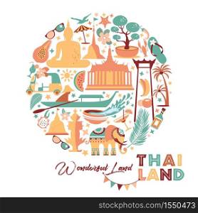 Collection of Thailand symbols. Vector illustartion of icons.. Collection of Thailand symbols in circle. Vector poster. Postcard in trend color. Travel illustration. Web banner of travel in circle composition.