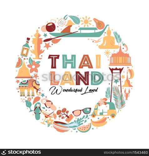Collection of Thailand symbols. Vector illustartion of icons.. Collection of Thailand symbols in wreath. Vector poster. Postcard in trend color. Travel illustration. Web banner of travel in circle composition.