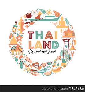 Collection of Thailand symbols. Vector illustartion of icons.. Collection of Thailand symbols in wreath. Vector poster. Postcard in trend color. Travel illustration. Web banner of travel in circle composition.