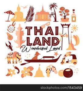 Collection of Thailand symbols. Vector illustartion of icons.. Collection of Thailand symbols. Vector poster. postcard in trend color. Travel illustration.