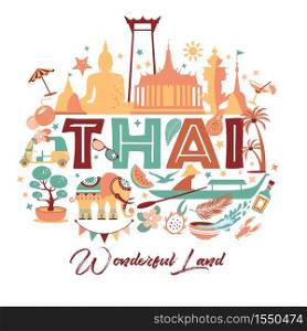 Collection of Thailand symbols. Vector illustartion of icons.. Collection of Thailand symbols with text. Vector poster. Postcard in trend color. Travel illustration. Web banner of travel with letters.